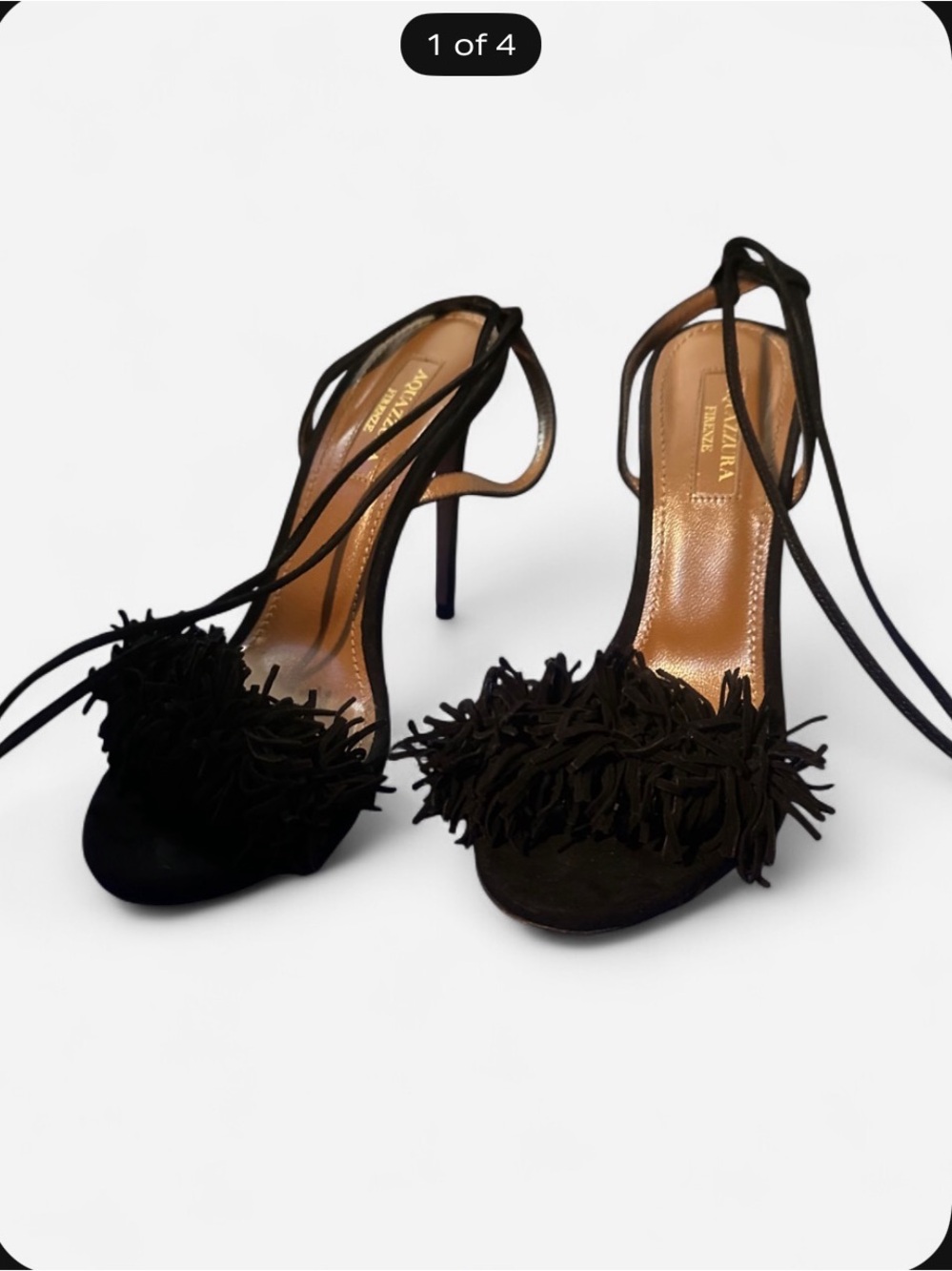 Aquazzura Black Suede Fringe Tie-Ankle Stiletto Sandals